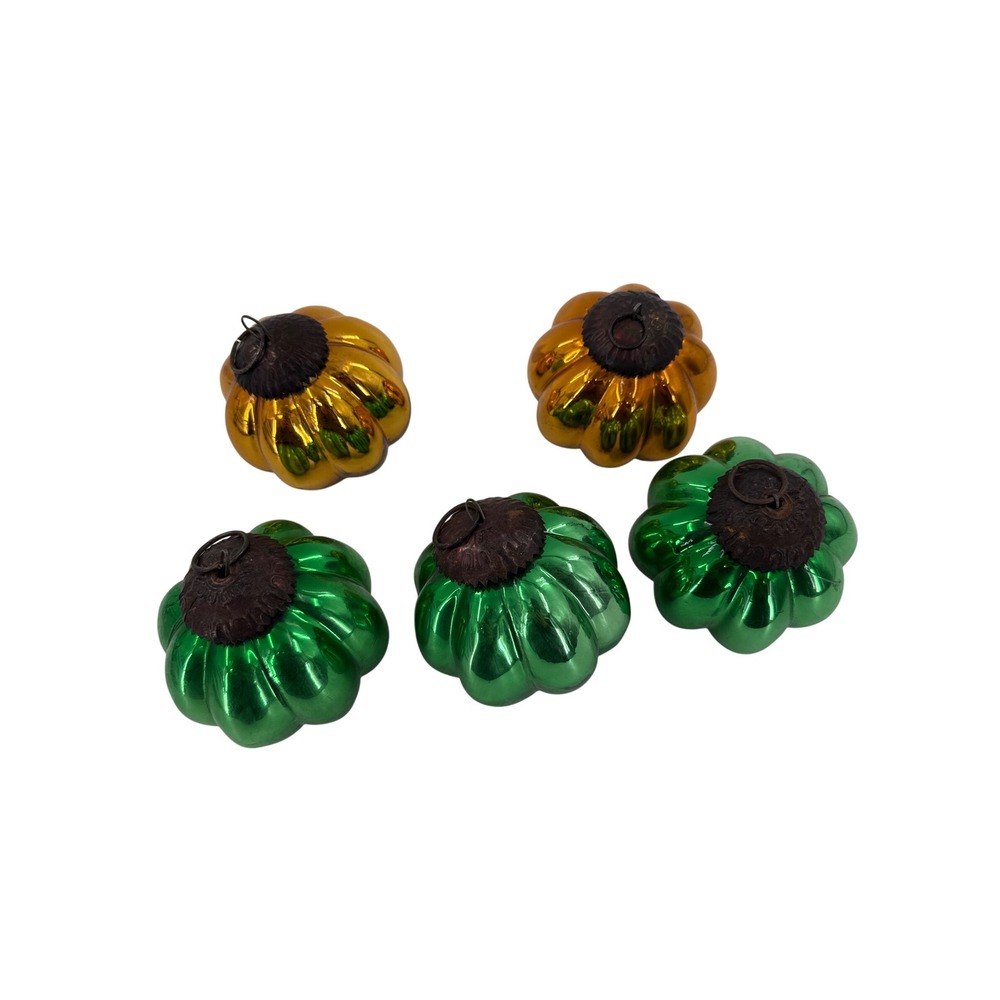 Traditional Glass Ornament Green Orange Christmas Holiday Decor Set Lot of 5